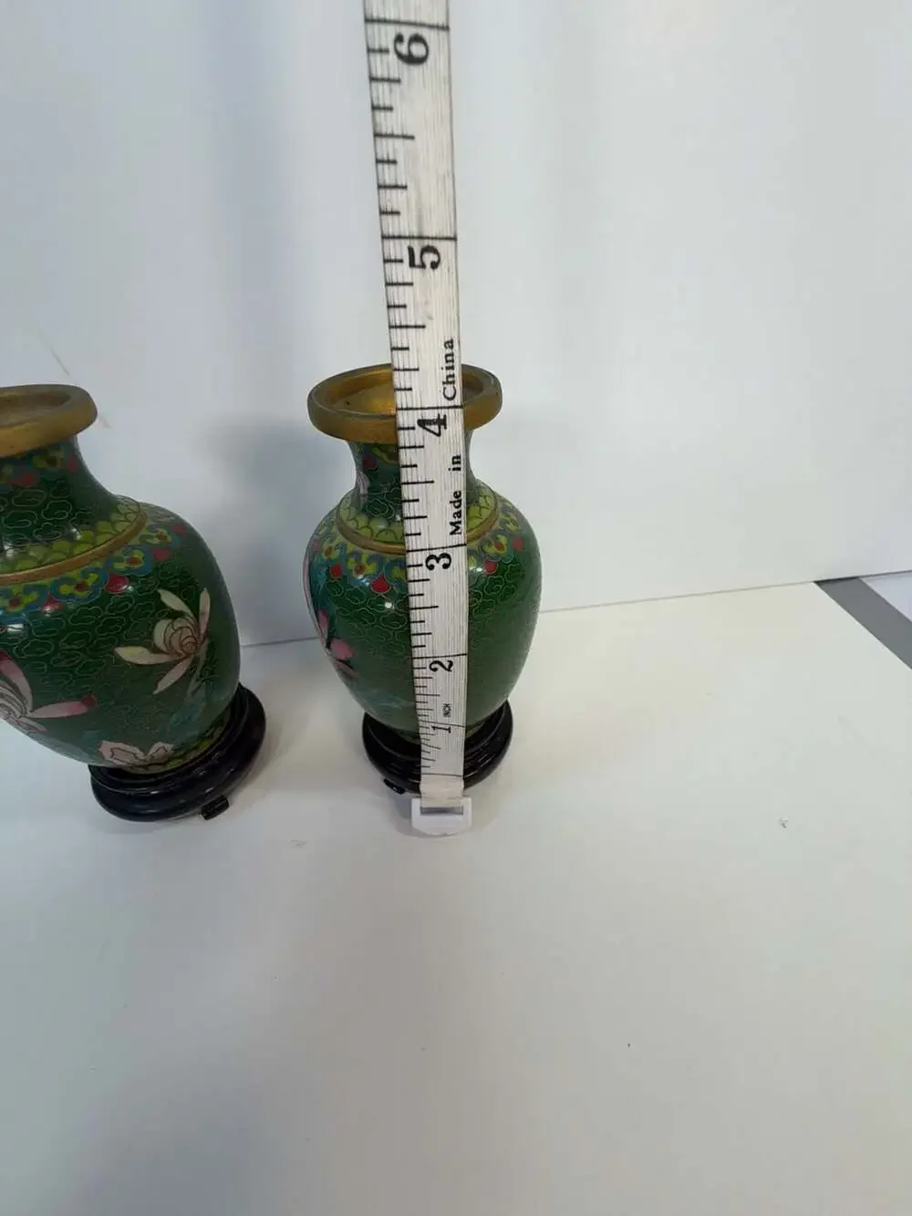 Vintage Pair of Chinese Cloisonne Bud Vases with‎ Floral Motif and Wood Stands